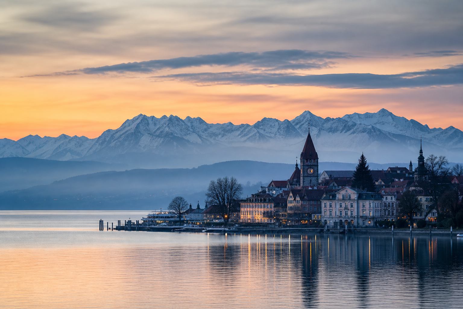 Bodensee bei Sonnenuntergang mit Alpenpanorama und historischem Ufer